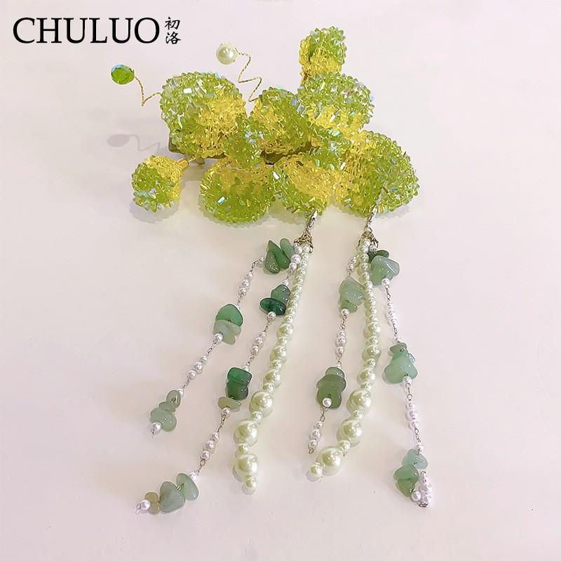 Green Crystal Flower Tassel Hair Clip Women Boho Chic Half-Up Accessory Fresh Floral Style Headpiece Green Spring Hair Clip