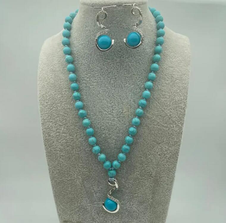 

Элегантный синий бирюзовый драгоценный камень, кулон, ожерелье, серьги, комплекты ювелирных изделий AA