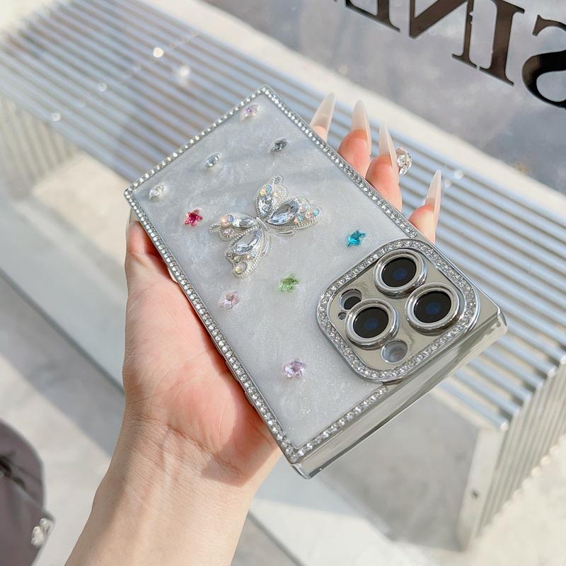Bowknot Butterfly Decoration Drip Glue Case For iPhone 16 Pro Max 15 Pro 14 13 Square Glitter Plating Shockproof Soft Phone Cover