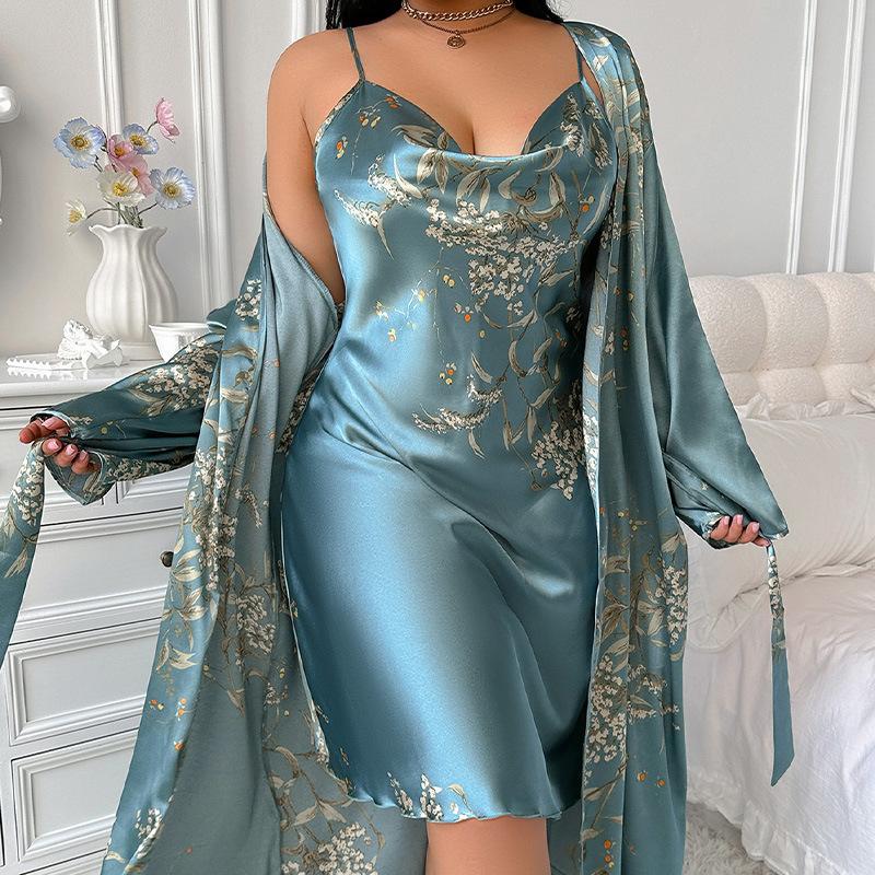 Printed Pajamas Women's Loungewear Set Household Long Lace-up Nightgown Bathrobe Comfortable Sleep Nightgown Wholesale