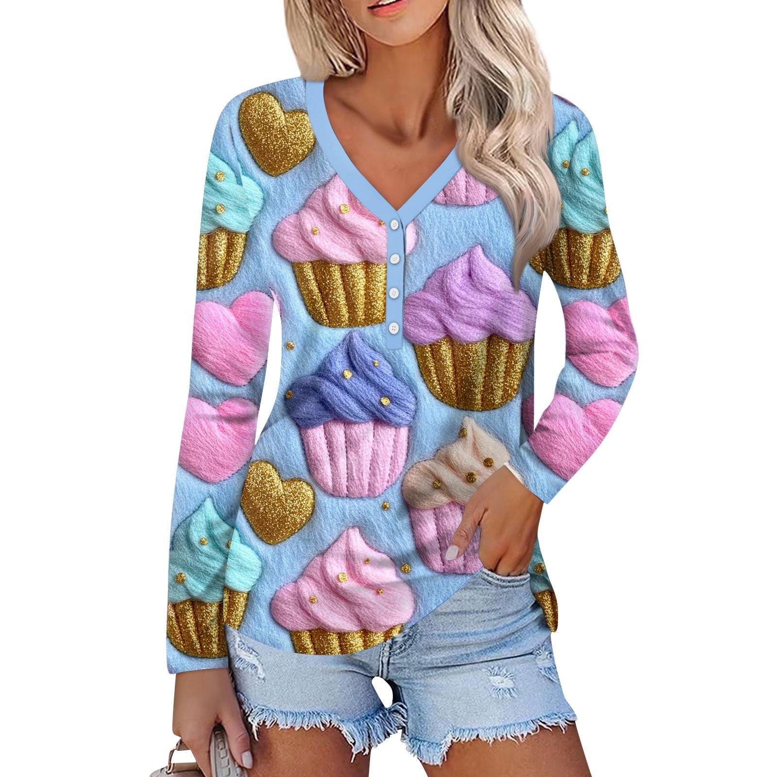 

Женский модный повседневный топ с длинным рукавом и V-образным вырезом на пуговицах ко Дню святого Валентина с принтом в виде сердца S