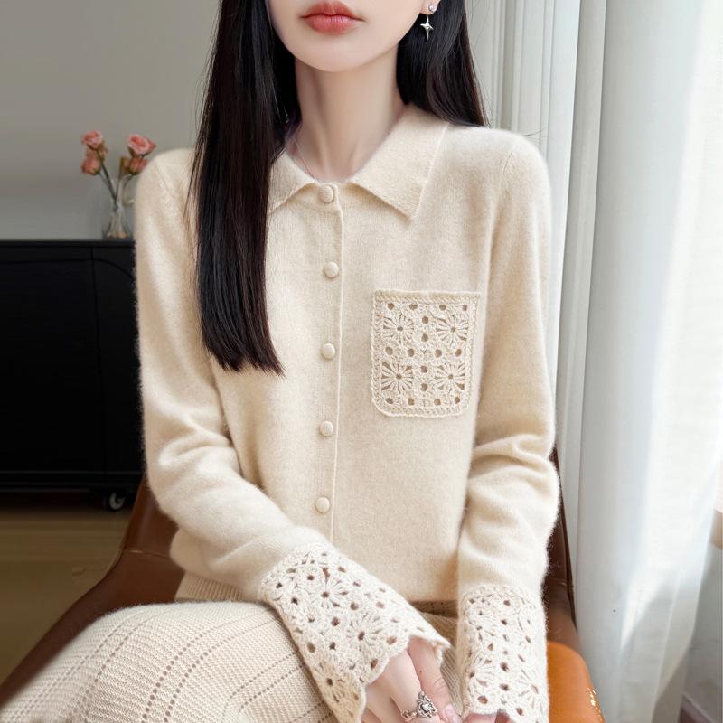 Elegant Wool Sweater: Women's Hollow-Stitch Long Sleeve Lapel Knitwear for Autumn and Winter