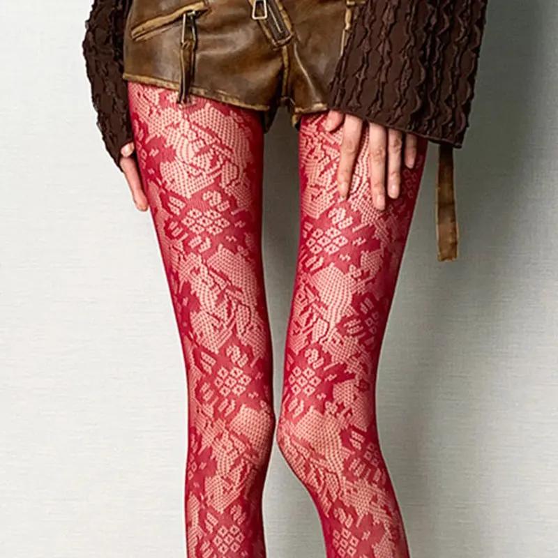 Damen Florale Spitze Strumpfhosen Sommer Netz Sexy Ausgeschnitten Dünn Und Atmungsaktiv Retro Punk Y2K Strumpfhosen Individuelle Fishnet Strümpfe