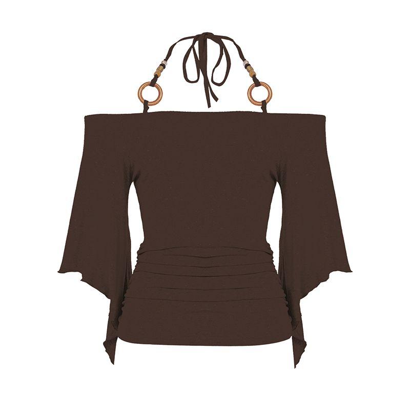 European and American Women's Clothing Guzao Sexy Wooden Bead Halterneck off-Shoulder Batwing Sleeve Tops Retro Waist-Controlled Slim Looking T-shirt