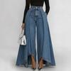 Dunkelblaue High-Waist-Culottes mit weitem Bein und asymmetrischem Saum