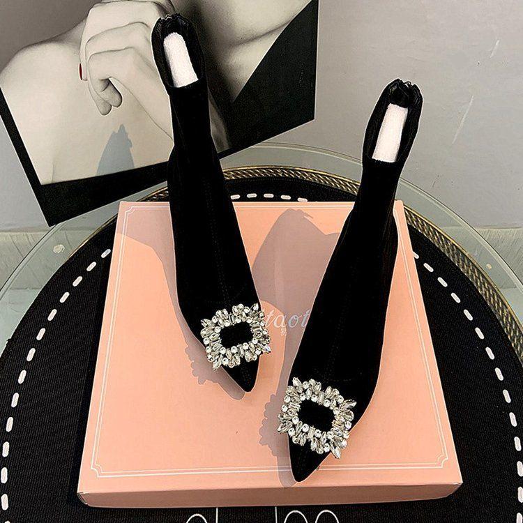 Small Short Boots 2025 New Women's Winter One-pedal Thin Leg Socks Boots Rhinestone Square Buckle Pointed Middle Heel Short Boots