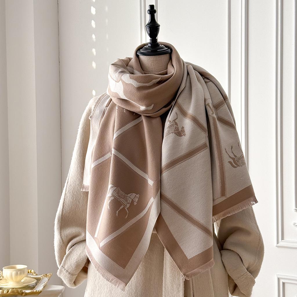 Elegant Geometric Print Faux Pashmina Shawl - Soft Warm Fringed, Ideal For Autumn & Winter Outdoor