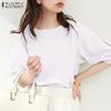 ZANZEA Women Casual Round Neck Puff Short Sleeve Solid Color Loose Straight Blouses
