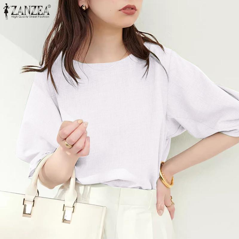 ZANZEA Women Casual Round Neck Puff Short Sleeve Solid Color Loose Straight Blouses