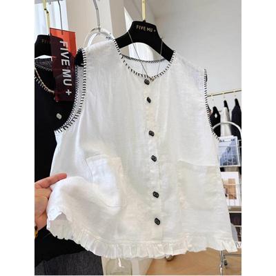 Camiseta sin mangas de algodón y lino para mujer, de verano, bordada, con borde de oreja de madera