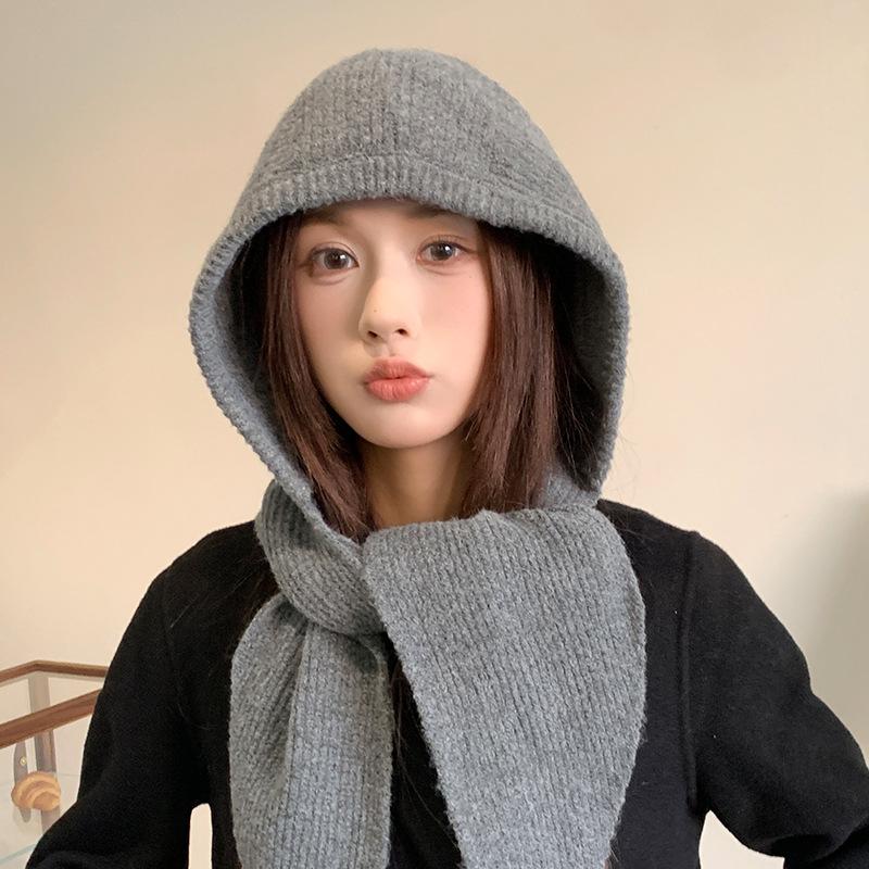 Balaclava Feminino de Alto Padrão à Prova de Vento e Quente Proteção para Orelhas Chapéu de Lã Lenço Integrado Chapéu de Tricô