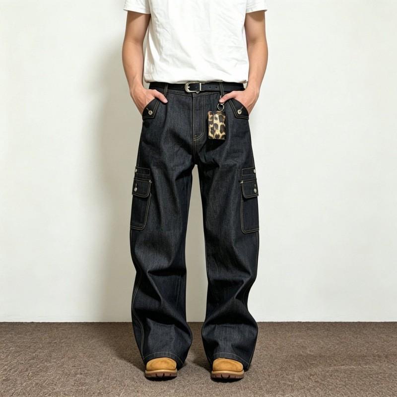 Mens Relaxed Fit Straight Leg Jeans With Multi-Pocket Deconstructed Design Washed Cotton Streetwear Style
