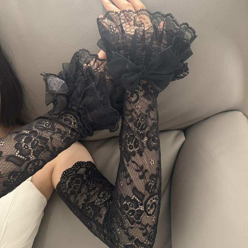 Sweet Princess Thin Lace Long Removable Sleeves Arm Cover Hollow Out Ruffle Elastic Floral Gloves For Wedding Party