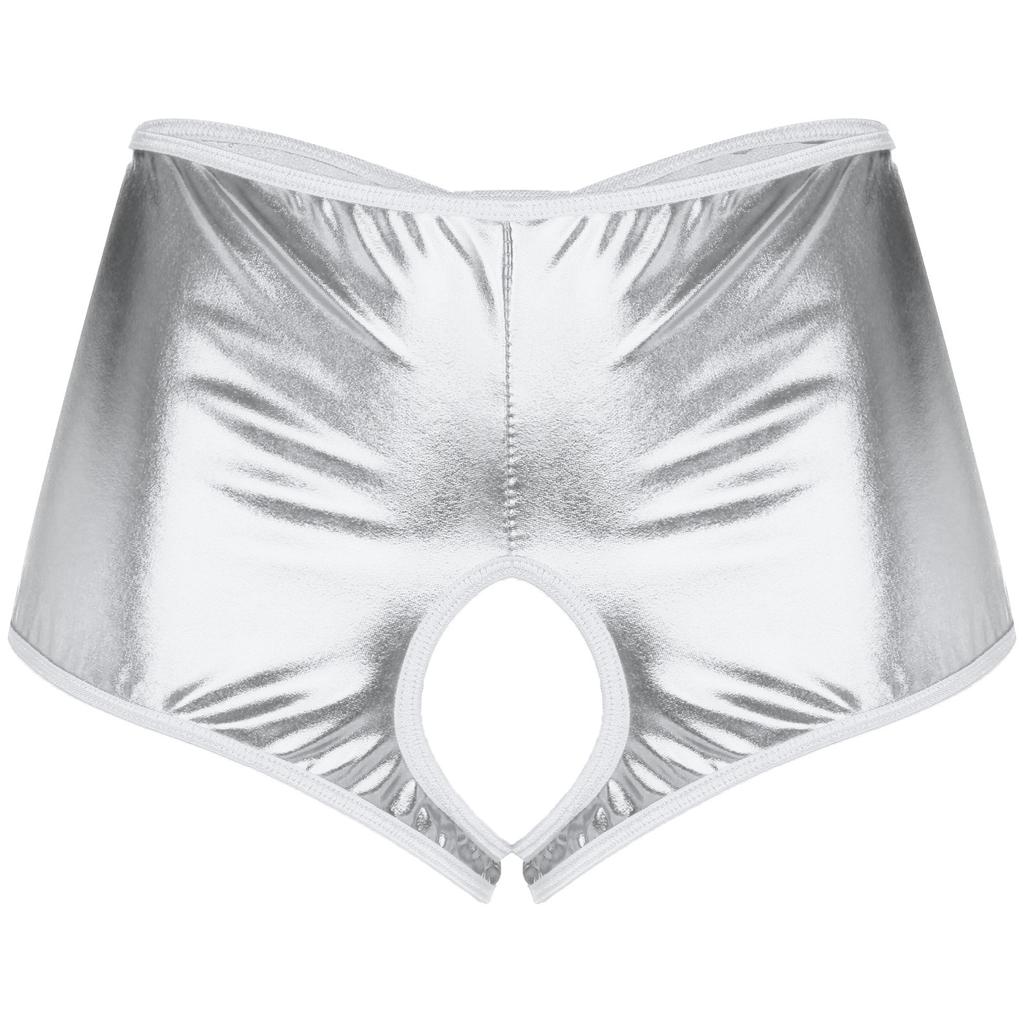 Damen Metallic Glänzend Schrittfrei Booty Shorts Niedrige Panties Unterwäsche