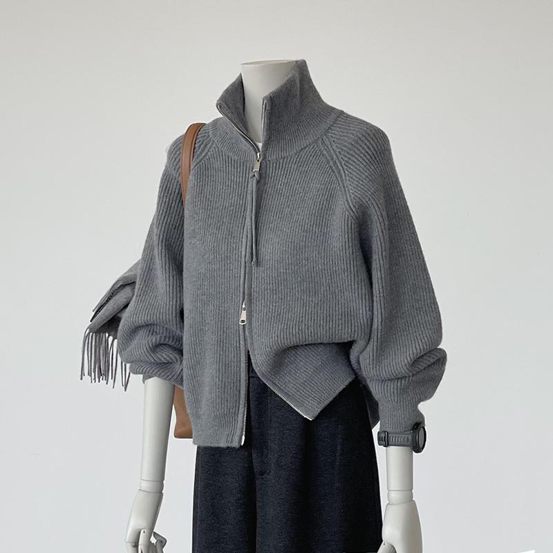 

Женский серый вязаный кардиган с высоким воротником и двойной молнией - Свободный, Плотный, Весенний стиль 2XL