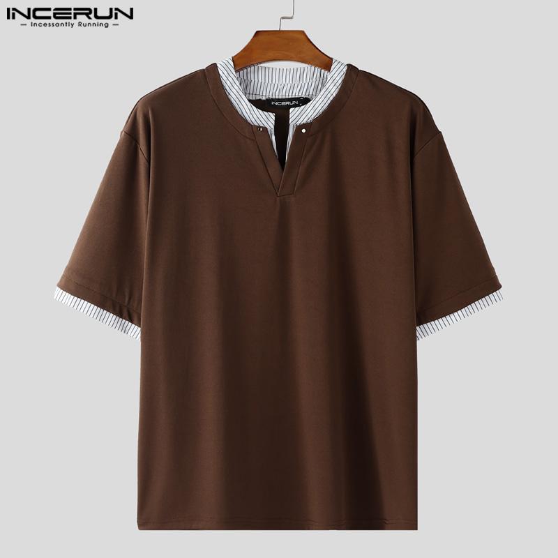 INCERUN Men's Short Sleeve Casual Striped Patchwork Oversized Tops T-shirts