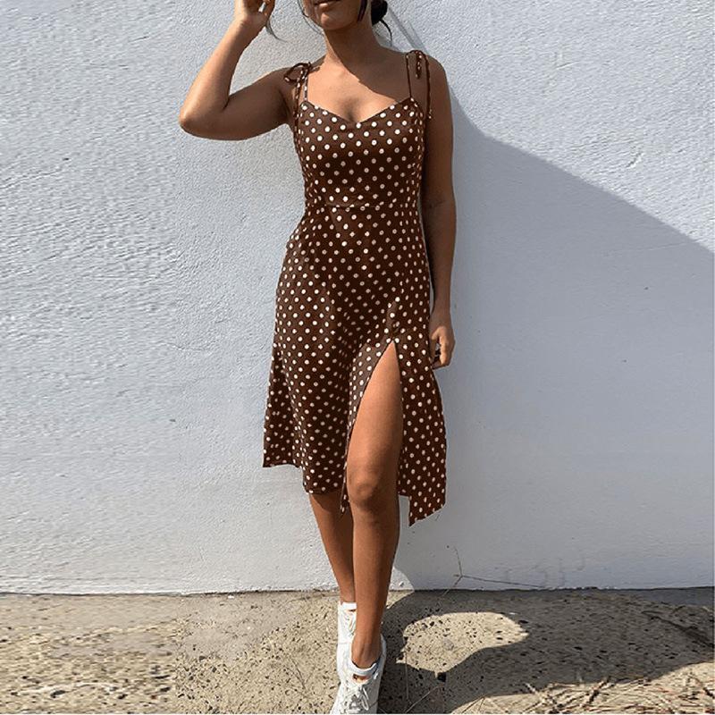 European and American Backless with Rubber Band Strap Black and White Polka Dot Split Dress