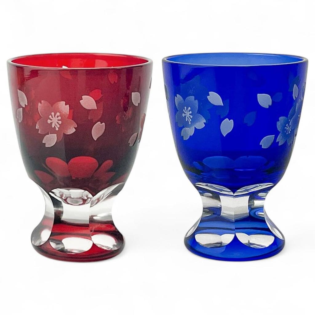 Mizukage Kiriko Glass Sake Cherry Blossom Red Current Model J-kitchens Cups, Pair, Cups, 59xH80mm, 80cc, & Blue, Bisho,