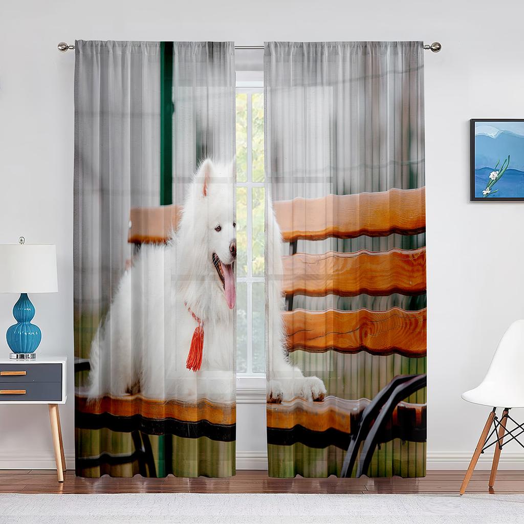 Doi Câini Samoyed Drăguți în Zăpadă Perdele Tulle pentru Decor Living Dormitor Bucătărie Perdea Voal Transparent Modern Draperii Fereastră