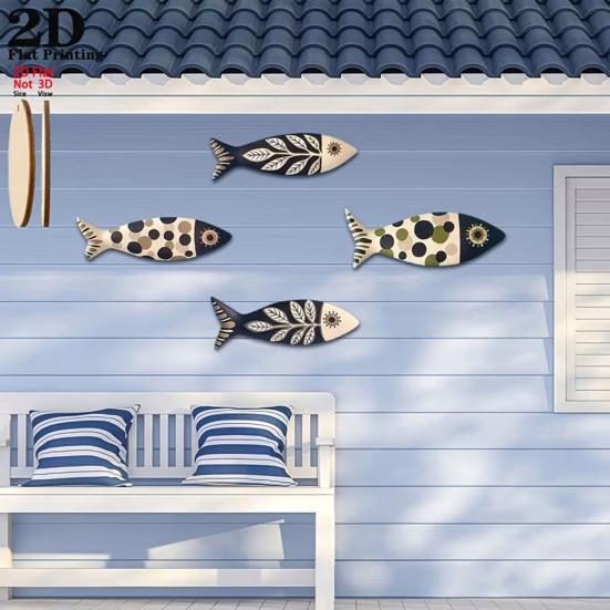 4Pcs Wooden Fish Wall Decor, Rustic Farmhouse Ocean Fish Wall Art, Vintage Beach Nautical Coastal Theme Fish Decor for Home Lake Ocean Bathroom