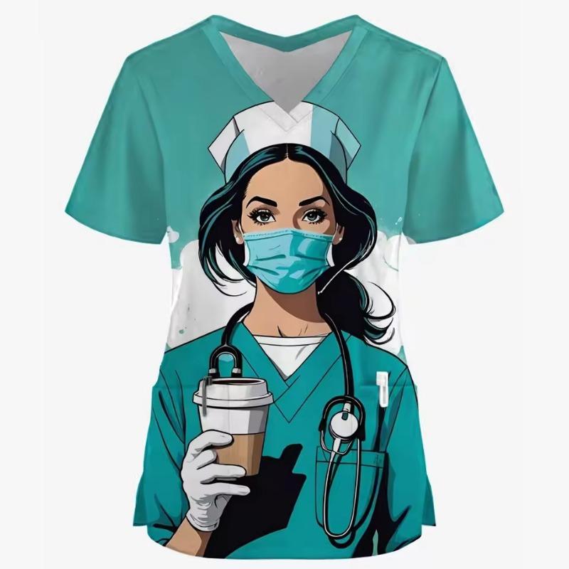 Tecknad Kanin 3D-tryck Sjuksköterska Medicinska Uniformer V-ringning Kortärmad Ficka Arbetskläder Topp Scrubs Medicinska Tillbehör Uniform