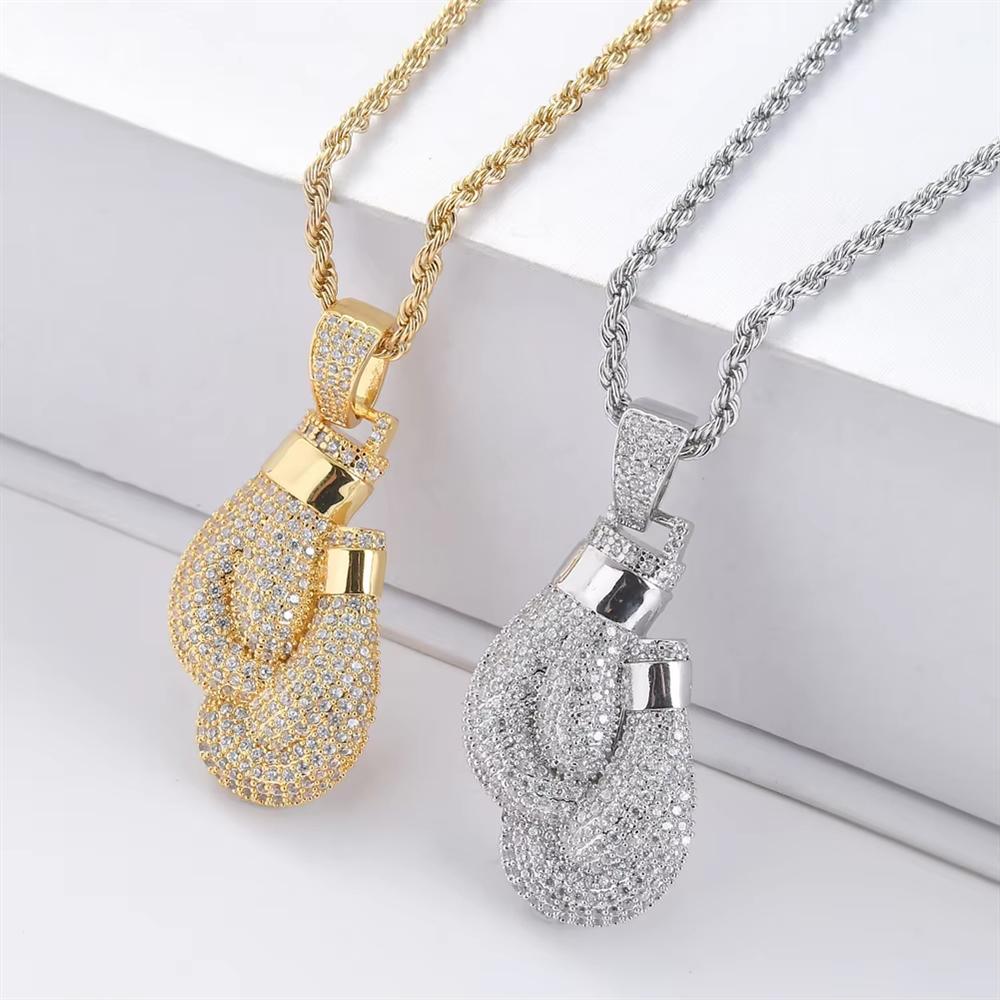 Pendente a Guanto da Pugilato Pieno di Zirconi Cubici Iced Out Design Hop Scatola Gioielli Collana Bling Catene alla Moda per Rapper e Pugili
