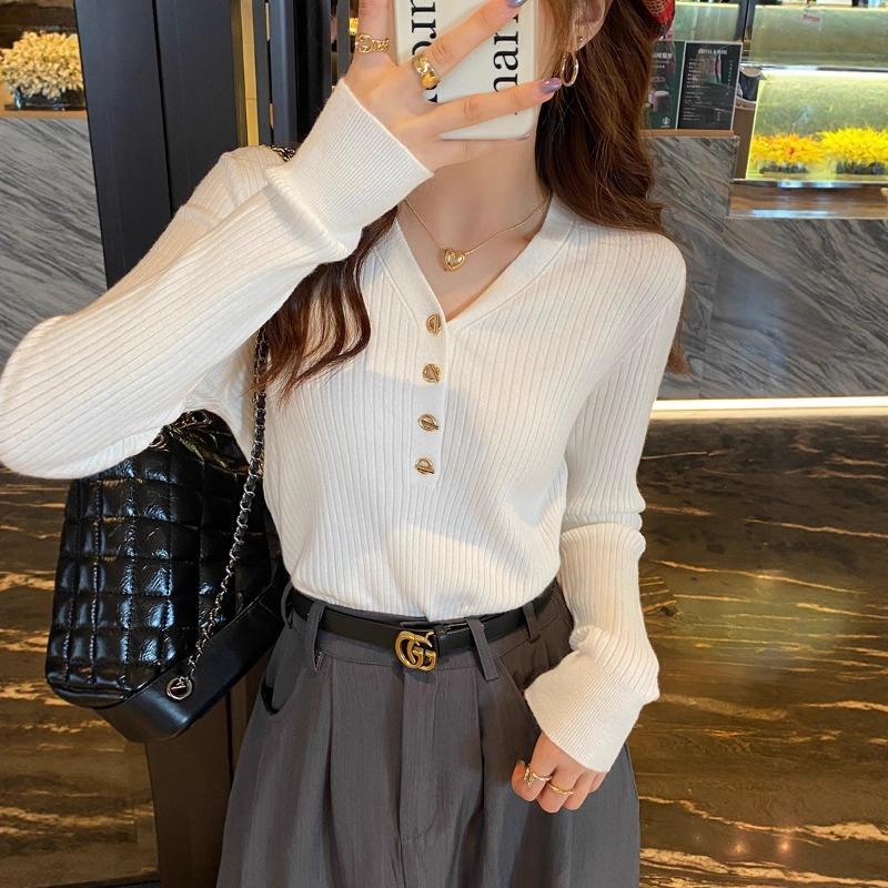 V-neck Knitted Sweater Women's New Early Autumn Sweater Long-sleeved Bottoming Shirt High-end Autumn and Winter Wear Top