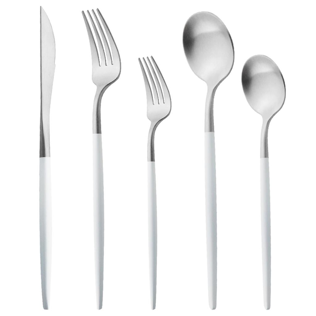 5ks Matná kulatá rukojeť Stříbrná 18/10 Sada příborů z nerezové oceli Nůž Dseert Vidlička Lžíce Jídelní nádobí Sada příborů