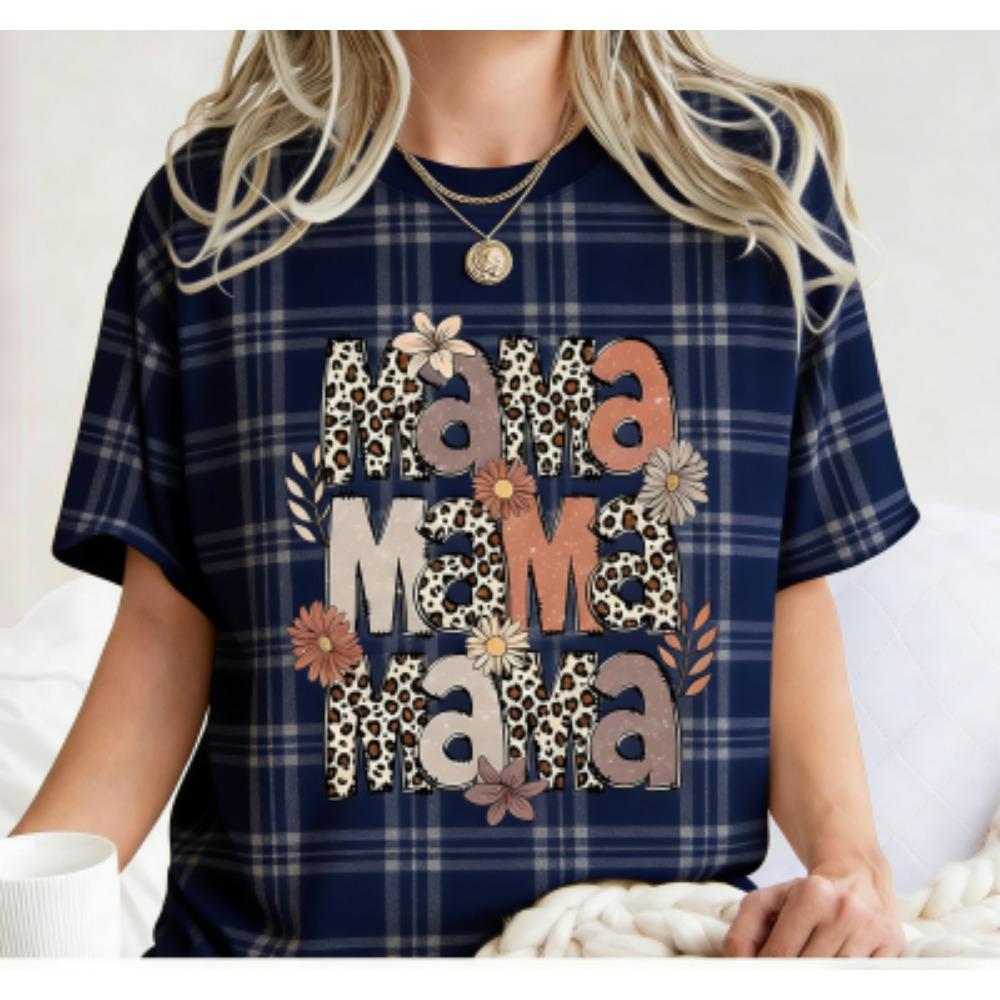 Fashion Funny Grid Leopard Mama Print Women's Short Sleeves T-Shirt Loose Casual Summer Outdoor Street Women's Tees Tops