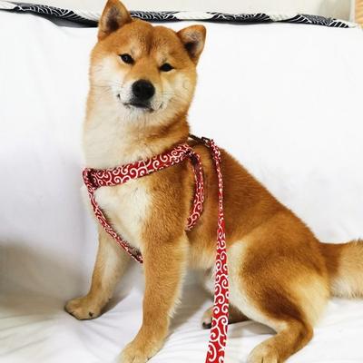 Small Dog, Medium-sized Dog Harness, Dog Walking Leash, Shiba Inu Harness, Anti-flip Arabesque Pattern Chest Strap, Lead Leash Set, L, Red
