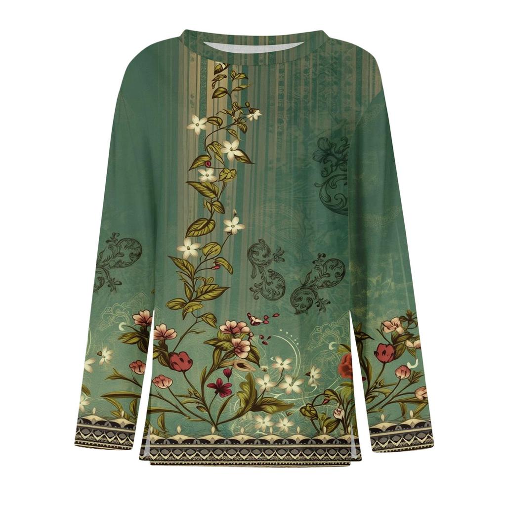 Dames casual T-shirt met split aan de zoom, ronde hals, lange mouwen en losse print.