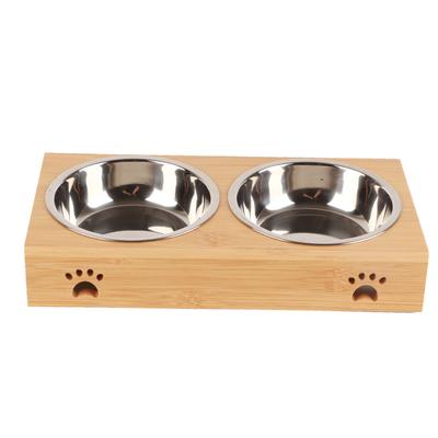 Bamboo Pet Double Bowl Cartoon Prevent Slipping Easy To Clean Pet Table with Ceramic Bowls and