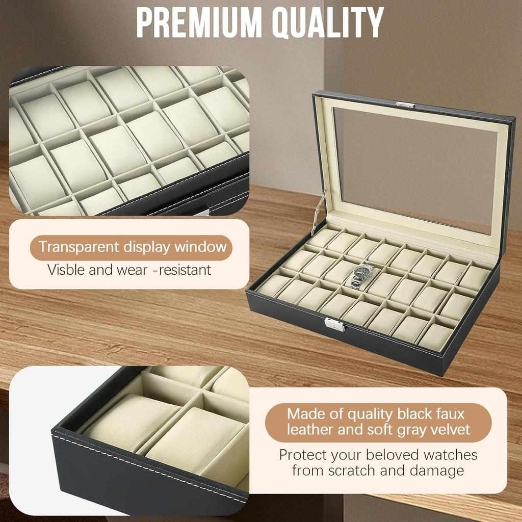 Watch Display Case Glass Top for Men Women PU Leather Display Storage Collection Organizer Jewelry Case with Removable Pillows