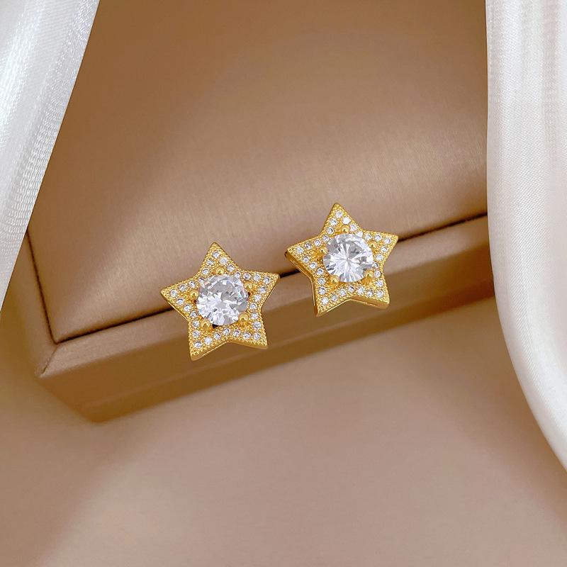 Pentagram Zircon Necklace Earrings Ring Set Light Luxury Personality Temperament Earrings Necklace Combination