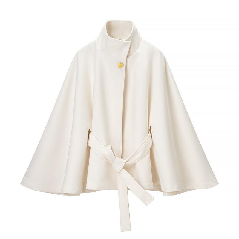 Women Wool Blend Cape Jacket With Metal Buckle Belt