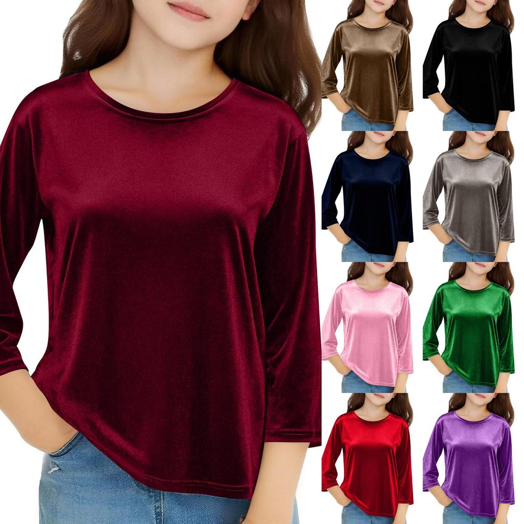 Girls Velvet Tops 3/4 Sleeve T-Shirts Velour Tees Shirts Color Basic Tshirts For Kids