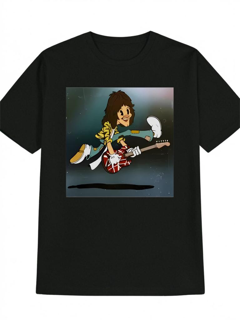 Casual Graphic T-shirt with Vibrant Guitarist Print - Black Round Neck Summer Tee