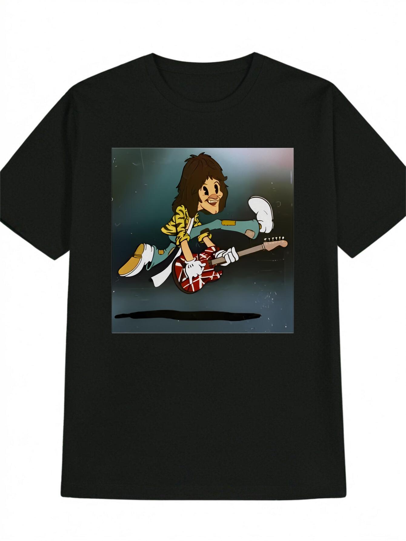 Casual Graphic T-shirt with Vibrant Guitarist Print - Black Round Neck Summer Tee XXL