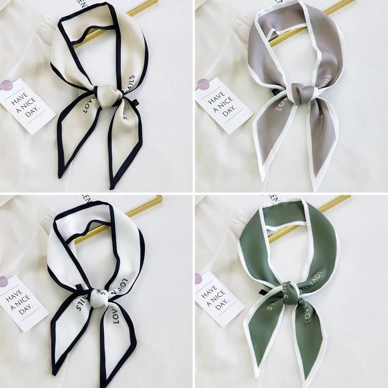 Fashion Women Hair Scarf French Elegant Narrow Long Scarf Satin Silk Bow Tie Letter Print Bag Ribbon Headband Scarves