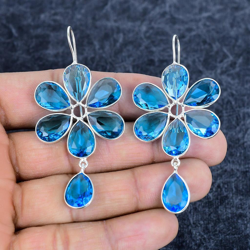 Blue Topaz Gemstone Handmade 925Sterling Silver Jewelry Earring 2.76" M-3140