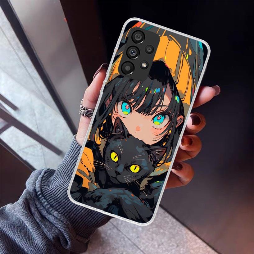 Anime Girls Cute Black Cat Phone Case For Samsung Galaxy A17 A57 A37 A16 A26 A36 A56 A15 A25 A35 A55 A14 A13 A54 A53 A34 A24 A33
