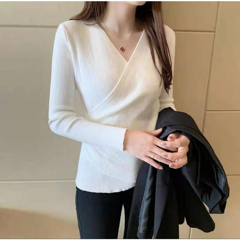 Autumn Winter Knitted Wrapped V-neck Long Sleeve Sweater Slim Fit Women Office Pleated Knitted Sweaters Casual Simple Basic Versatile Top