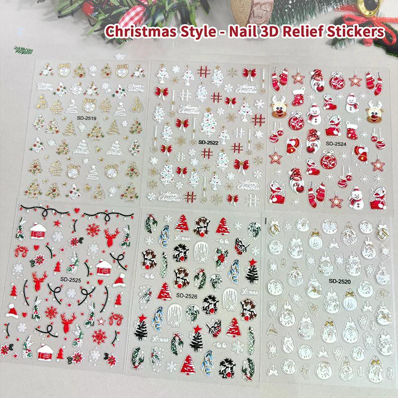 5D Geprägte Weihnachts-Nagelsticker - Baum Schneeflocke Elch Schneemann Decals, Herbst Winter Maniküre Zubehör für DIY Salon Zuhause
