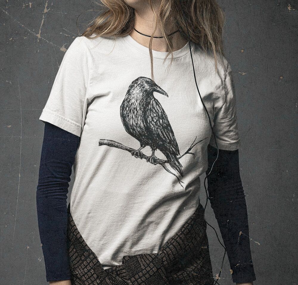 Crow Women’s T-Shirt Hand Print Dual-Blend Tee Raven Shirt Eco Fashion Shirt