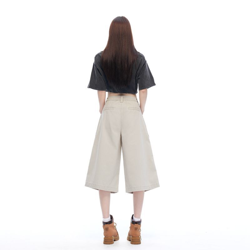 Khaki Apricot Vintage Reversible Design Casual Pants For Women Loose Straight Wide Leg Cropped Capri Pants Versatile Slimming FigureFlattering Style