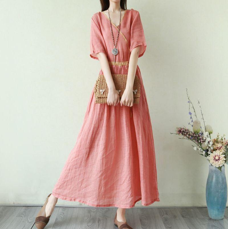Solid color cotton and linen long dress women's 2025 summer new loose short-sleeved V-neck waist A-word dress