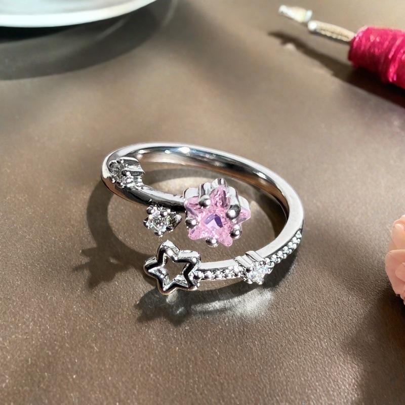 Sweet Pink Zircon Water Drop Star Opening Ring Small Fresh Light Luxury High Sense Simple Niche Ring