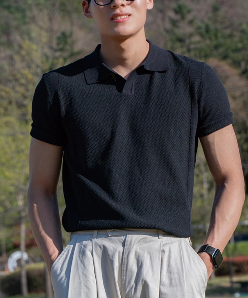 HERVINO Essential Muscle Fit Open Collar Short Sleeve Knit [Black]