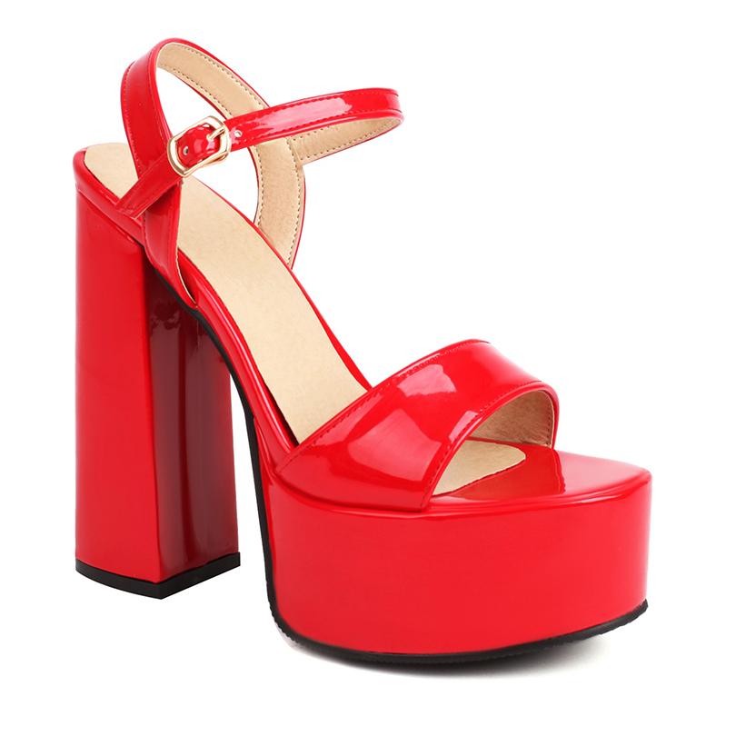 

Блестящая лакированная кожа Яркий цвет Супервысокий толстый каблук Сексуальные туфли на высоком каблуке Босоножки с платформой и открытым носком для женщин для вечеринок 36 красный