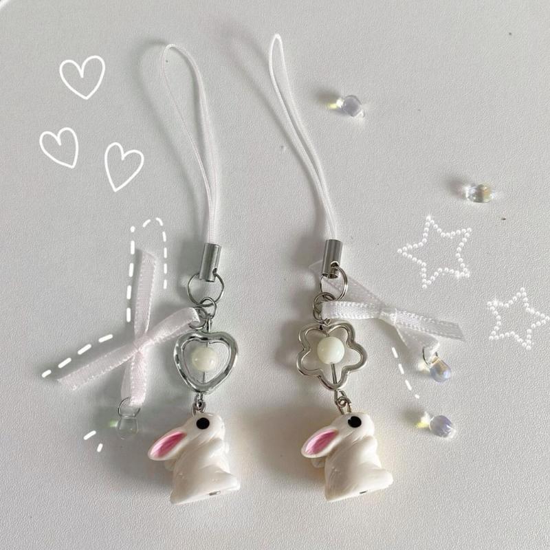Korean 3D Rabbit Flower Phone Chain Lanyard Y2k Girl Bowknot Keychain Sweet Bag Pendant Decoration Backpack Ornament
